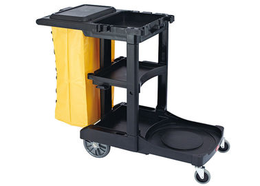 Chariot en plastique noir de nettoyage avec 3 étagères et sac jaune 4&quot; de vinyle non - roulettes d'inscription et 8&quot; roues arrière